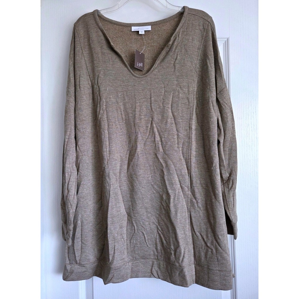 J Jill Pure Jill Tranquility Fleece Tunic Top Heather Tan Notched V-Neck Sz XL